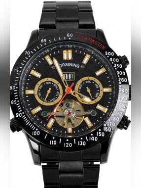 ​FORSINING Men's Automatic Watch - Black Stainless Steel Skeleton Multi-Calendar